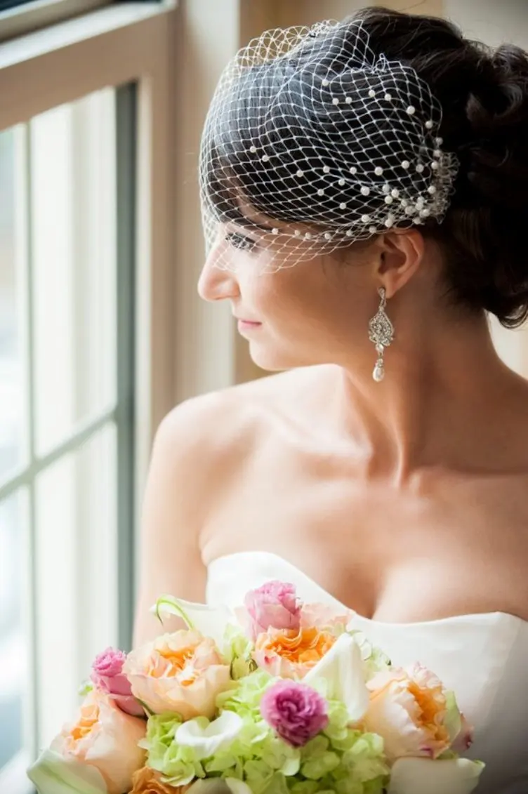 Birdcage veil with pearls, wedding bandeau veil, small birdcage veil - Blush fascinator 2