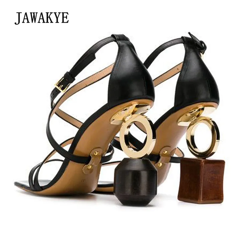 

2018 Newest Gladiator Sandals Women Open Toe Cross Strap Asymmetric Blocks Strange Heel Shoes Woman Party Shoes