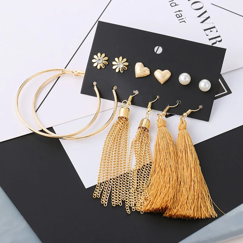 

6 Pairs/Set Fashion Gold Chain Tassel Earrings Set For Women Trendy Mixed Round Circle Heart Flower Pearl Stud Earring Jewelry