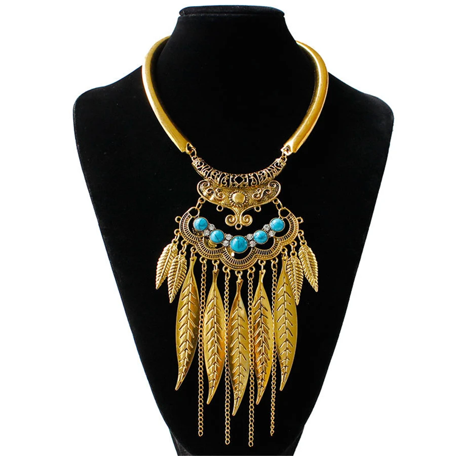 Europe and America exaggerated smooth leaves tassel metal collar African national fashion wild clavicle chain necklace (1)