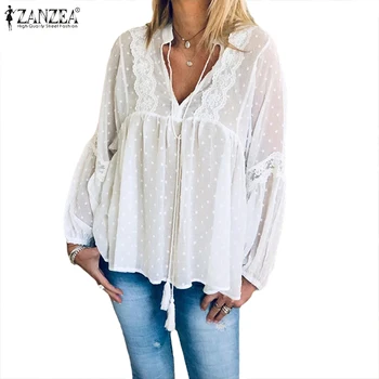 

ZANZEA Women Tops Blouse Lace Patchwork Shirts Ladies Sexy V Neck Vintage Solid Hollow Out Tunic Blusas Chemiser Mujer Plus Size