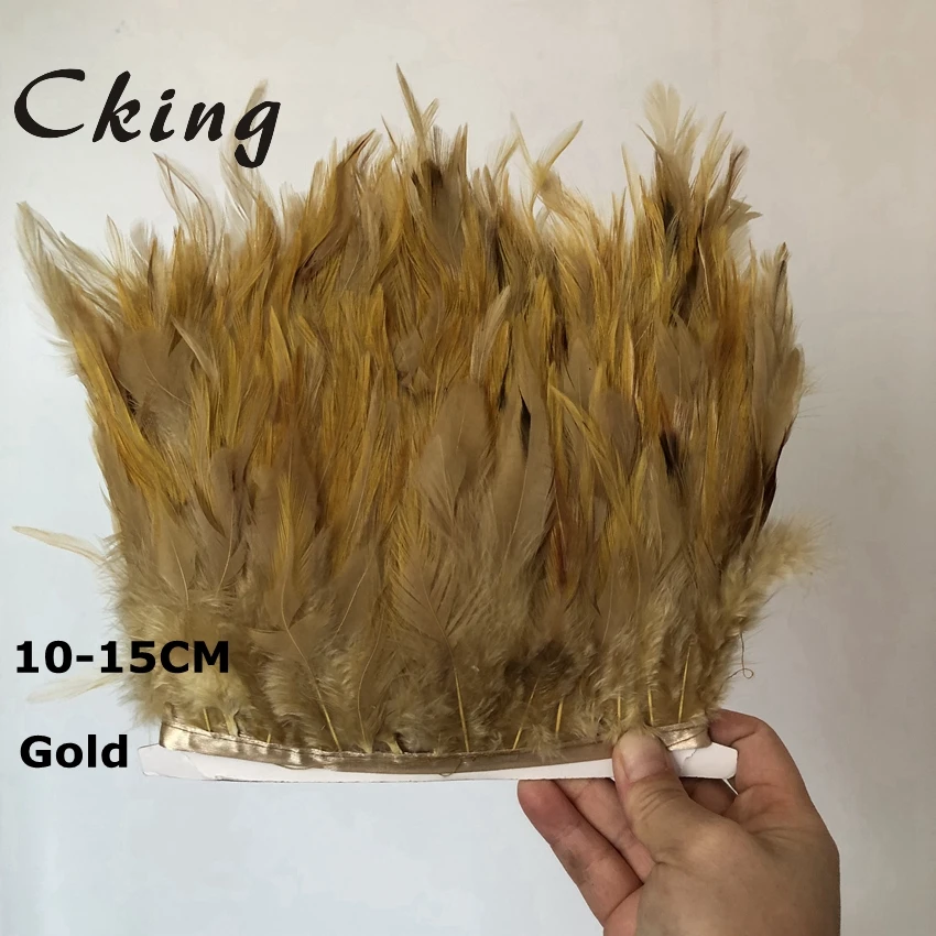 

hot sale 10 Meters Gold high quality real rooster feather fringe trims Height 4-6" Feathers for wedding party dress Decoration