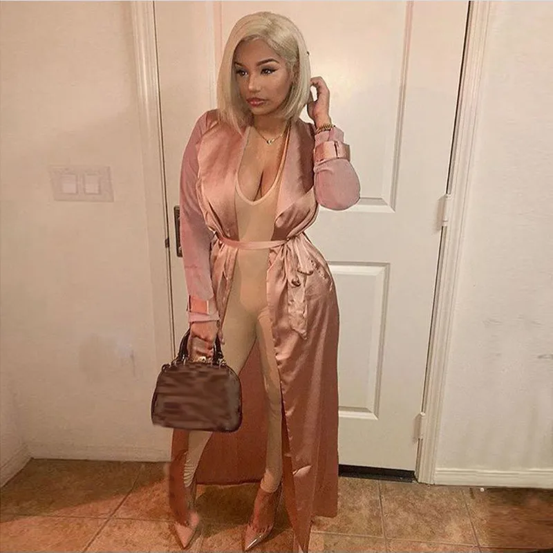 

2018 New Fashion Full Sleeve Trench Coat 3 Colors For Women Overcoat Satin Outwear Causal Robe Long Dress Sexy