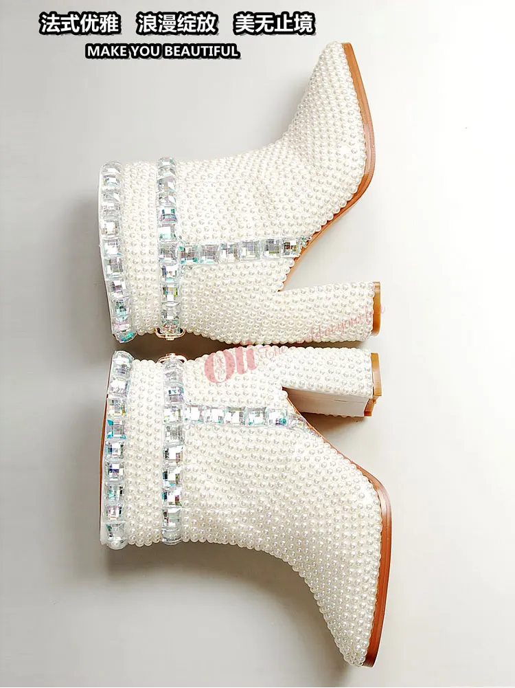 Натуральная кожа женские ботинки со стразами и жемчугом сапоги на высоком каблуке свадебные туфли принцессы свадебная обувь