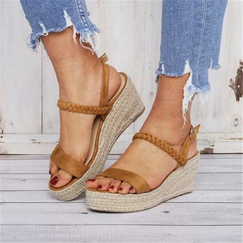 

HEEGRAND Summer Wedges Heel Sandal Fashion Flock Hemp Heel Toe Open Platform Pumps Shoes Casual Sandals Plus Size 35-43 XWZ5961