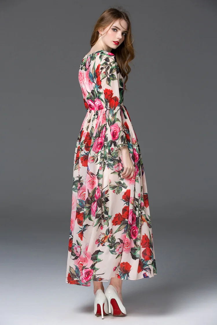 Цветочное длинное платье с длинным рукавом, элегантное винтажное длинное шифоновое платье с розовыми цветами, Пляжное платье размера плюс, летнее женское платье Vestidos