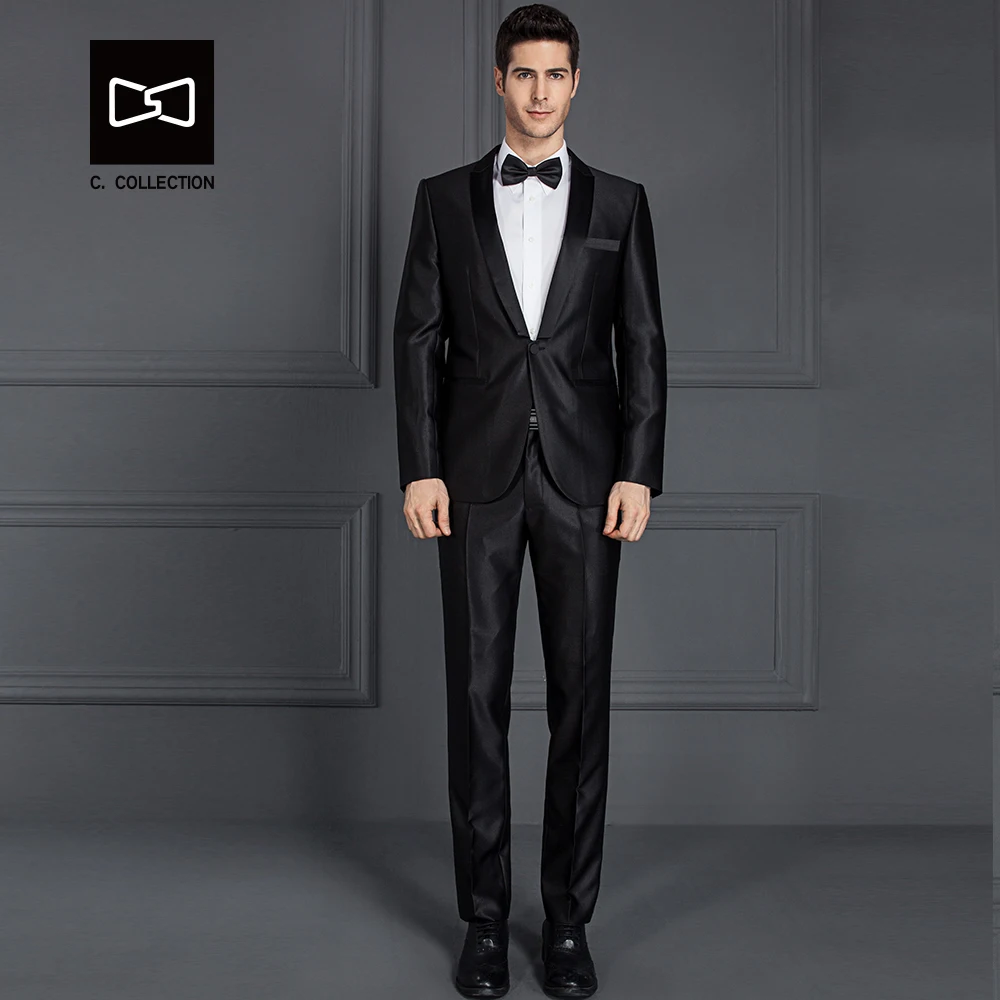 Сшитый на заказ мужской черный блестящий костюм Шавель воротник Slim fit Свадебный