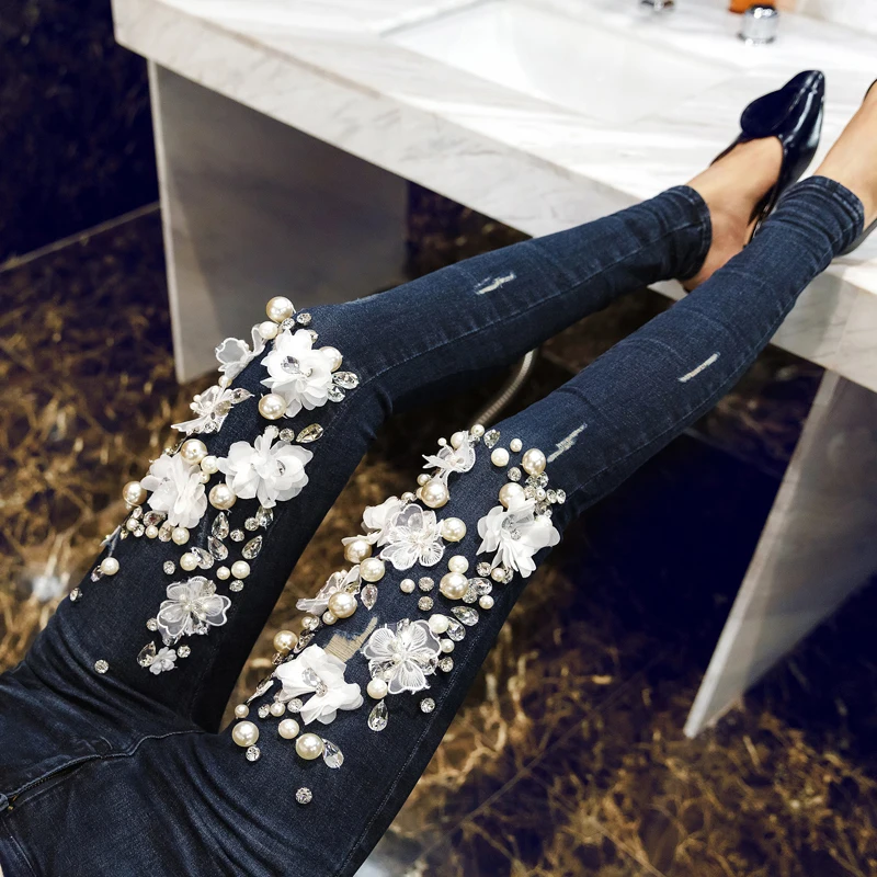 

2019 Rhinestones Diamond Streetwear Jeans New Fashion Female Slim Beading Lace Flowers Denim Skinny Pencil Pants Trousers