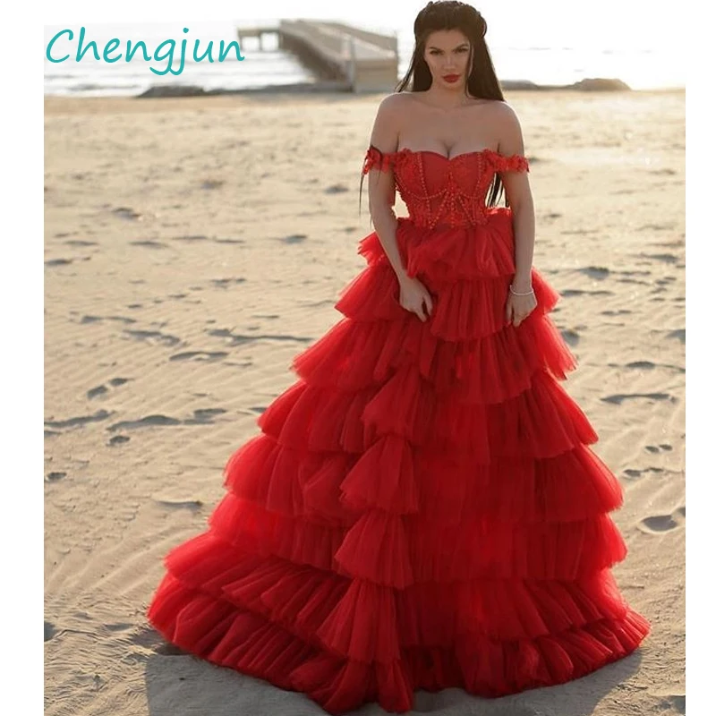 

Chengjun Off Shoulder Ruffles Beaded Tulle Red Wedding Dress