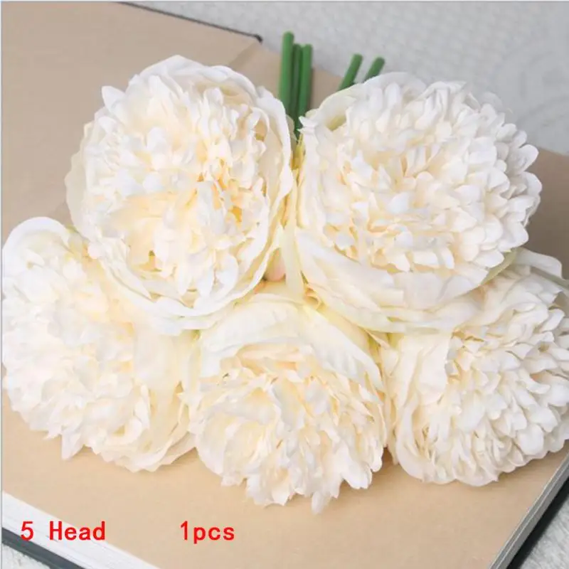 Artificial Flowers Peony 5 Heads Bridal Bouquet Office Table Decor Silk Flowers Simulation Flower Wedding Party House Decor#63 - Цвет: White