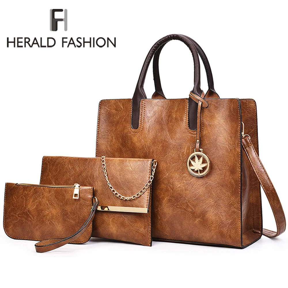 

Herald Fashion Women Bags Set 3 Pcs Large Casual Tote Bags Leather Female Shoulder Bag Ladies Handbag+Messenger Bag+Purse Sac
