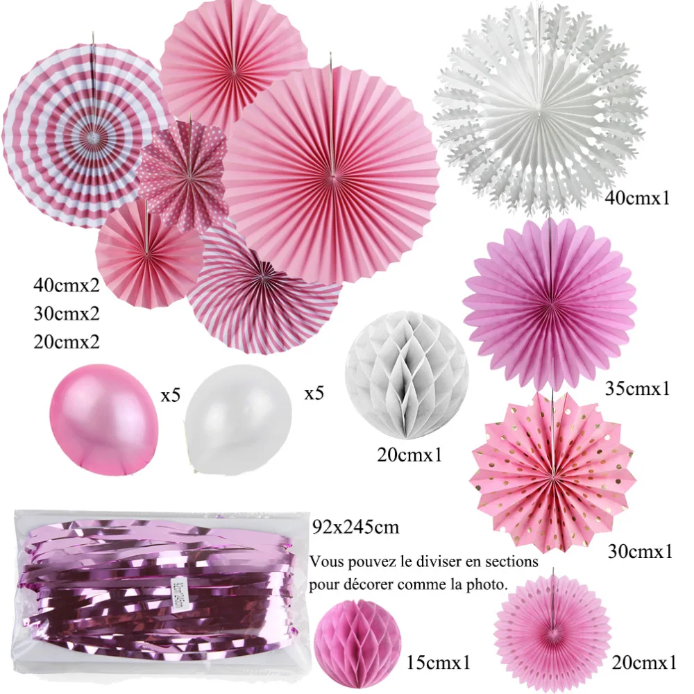 

18pcs Party Decoration Set Pearl Metallic Balloons,Honeycomb Balls,Paper Fans,Fringe Tinsel Curtains Wedding Birthday Shower