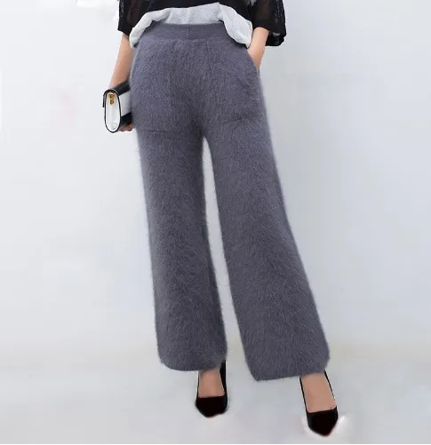 

women en's winter mink cashmere knitted trousers warmwide leg pants free shipping S18971