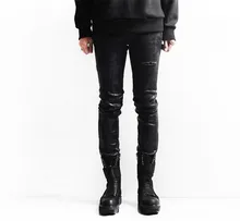 Mens Skinny jeans men 2015 Runway Distressed slim elastic jeans denim Biker jeans hiphop pants Washed black jeans for men