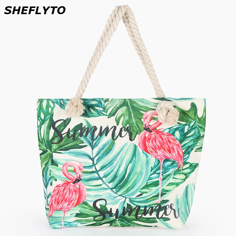 

Women Summer Canvas Bag Bohemian Female Shoulder Handbags Flamingos Printed Beach Tote Bag Green Casual Travel Hand Bag for Girl