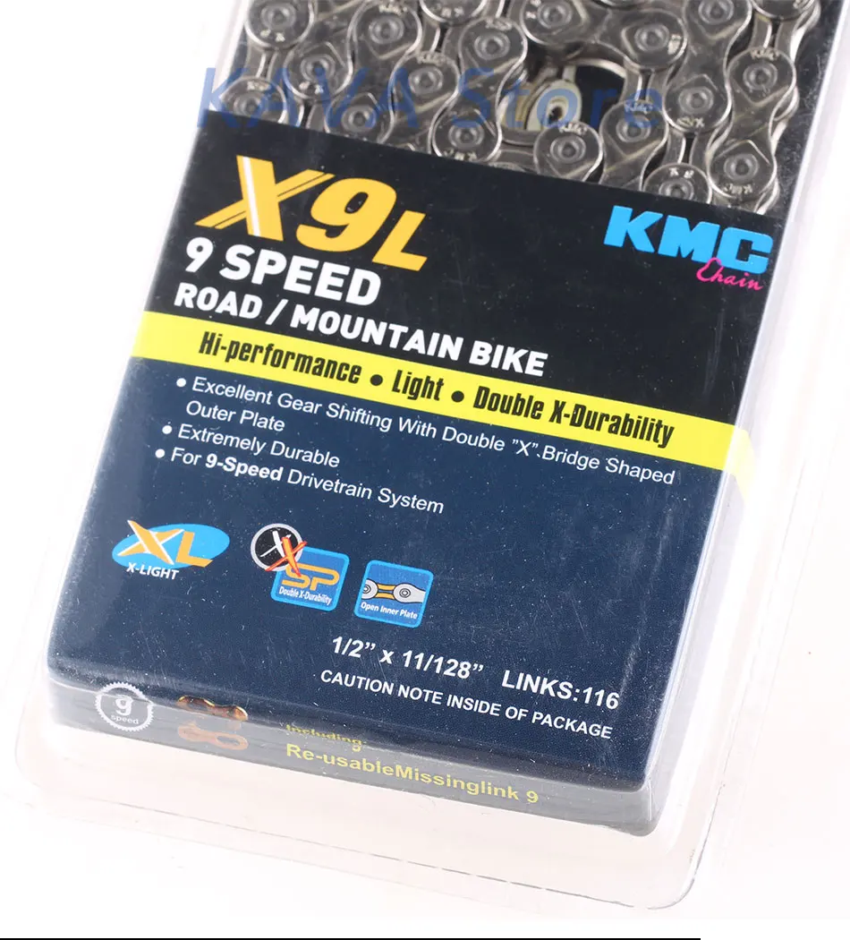 KMC 9 speed X9L велосипедная цепь MTB/дорожный супер светильник, полый горный велосипед, одна цепь, 116 звеньев, золото, серебро, упаковка в коробке