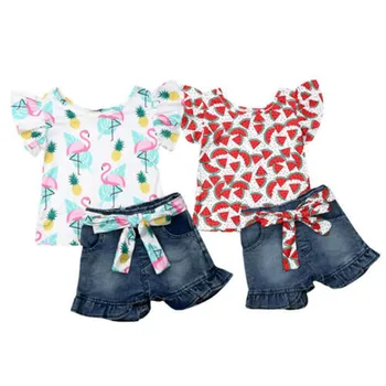 

Fashion Children Princess Clothes Set 2019 Summer Kids Baby Girls Watermelon/Flamingo Printed Tops T-shirt Denim Shorts Outfits