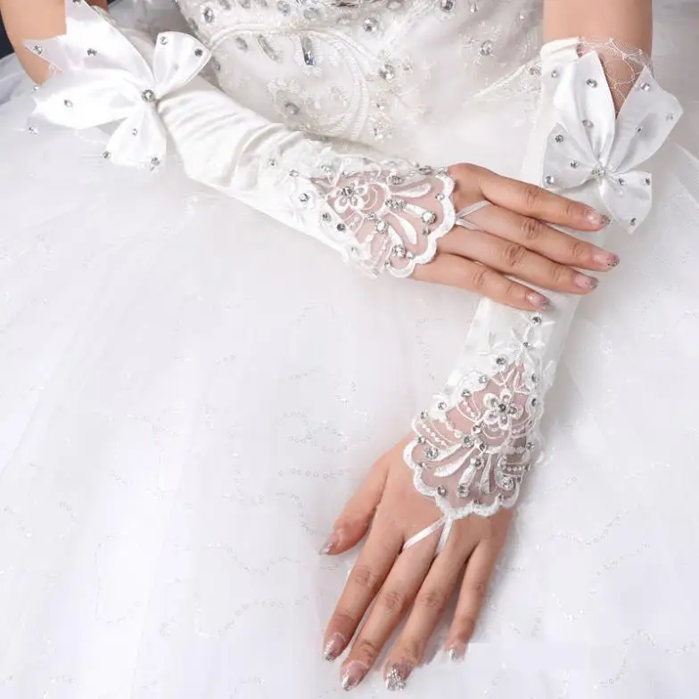 5 шт./лот, длинные белые перчатки без пальцев, женские кружевные вечерние перчатки принцессы с бантом