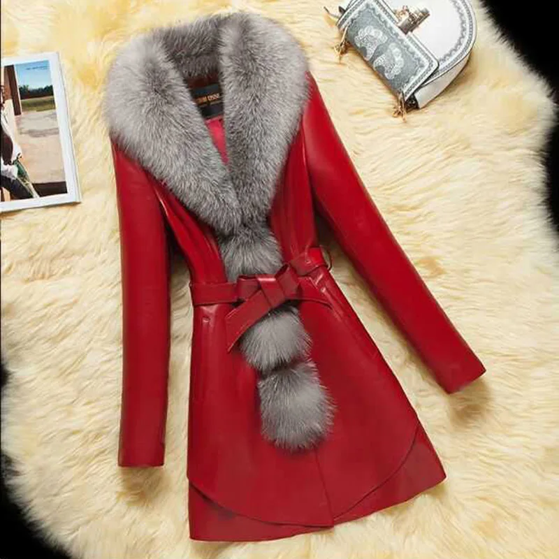 Женская зимняя новая куртка из искусственной кожи, толстый пуховик, одежда из хлопка, женский воротник из искусственного меха лисы, короткая тонкая меховая стеганая куртка - Цвет: Красный