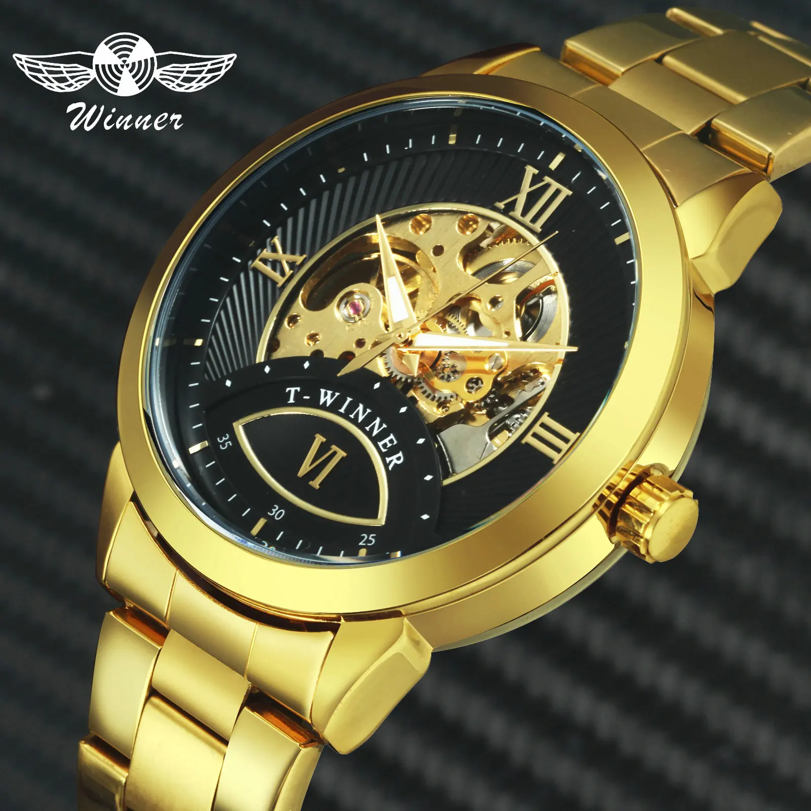 

WINNER Top Brand Luxury Auto Mechanical Watch Men Golden Stainless Steel Strap Skeleton Dial Fashion Business Wristwatches 2019