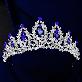 

Luxury Wedding Tiara Women Headdress Queen Princess Headwear Bride Crown Blue Stone