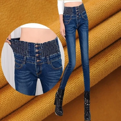 Новинка, зимние эластичные джинсы с высокой талией для женщин размера плюс, плотные вельветовые Теплые джинсы, женские Стрейчевые узкие брюки - Цвет: Синий