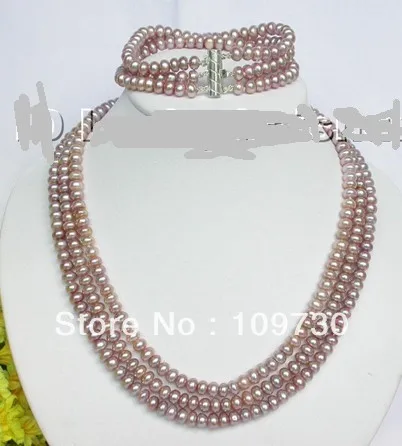 

Jewelry 00435 Genuine 3row lavender pearls necklace bracelet set 925s