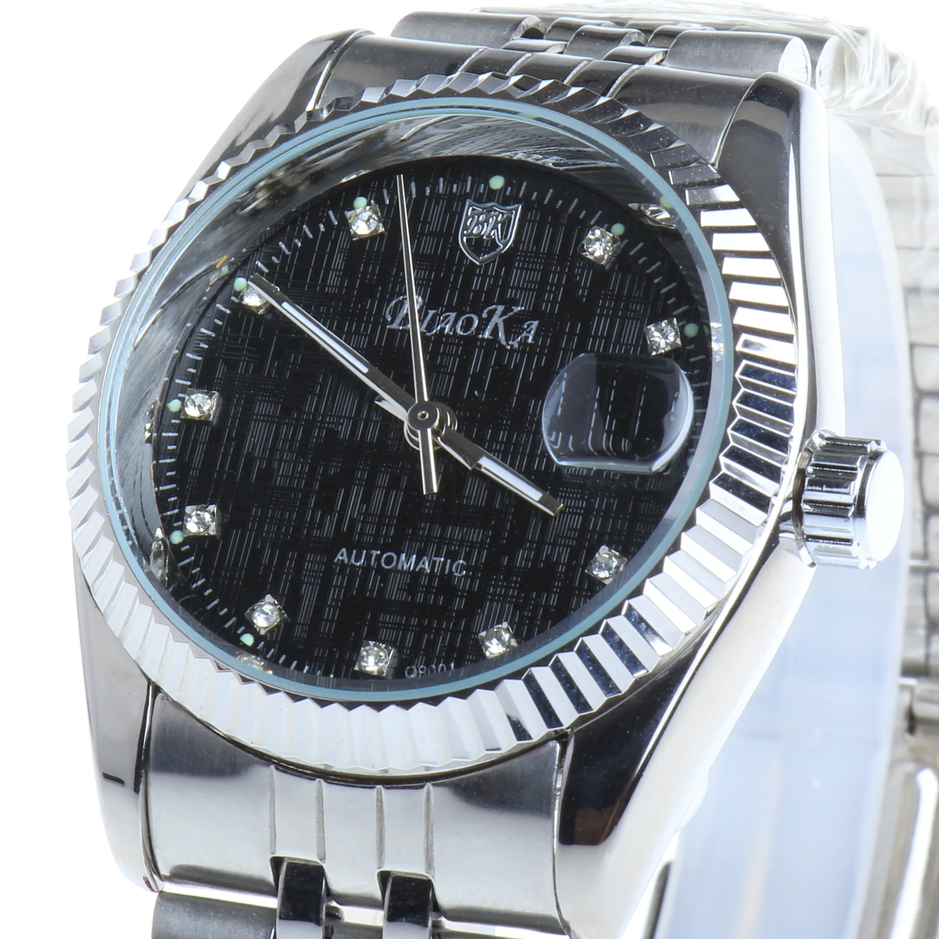 BIAOKA Watches Classic Mens AUTO Date automatic Mechanical Watch Self Winding Analog Skeleton Black steel strip