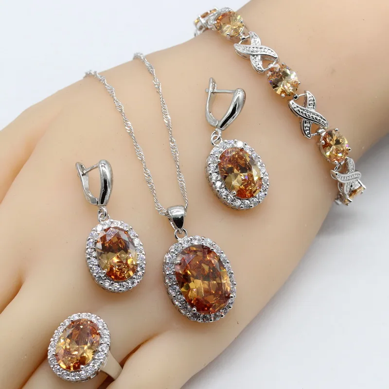 

925 Sterling Silver Wedding Jewelry Sets For Women's Anniversary Oval Orange Zircon Necklace Ring Choker Earrings Bracelet