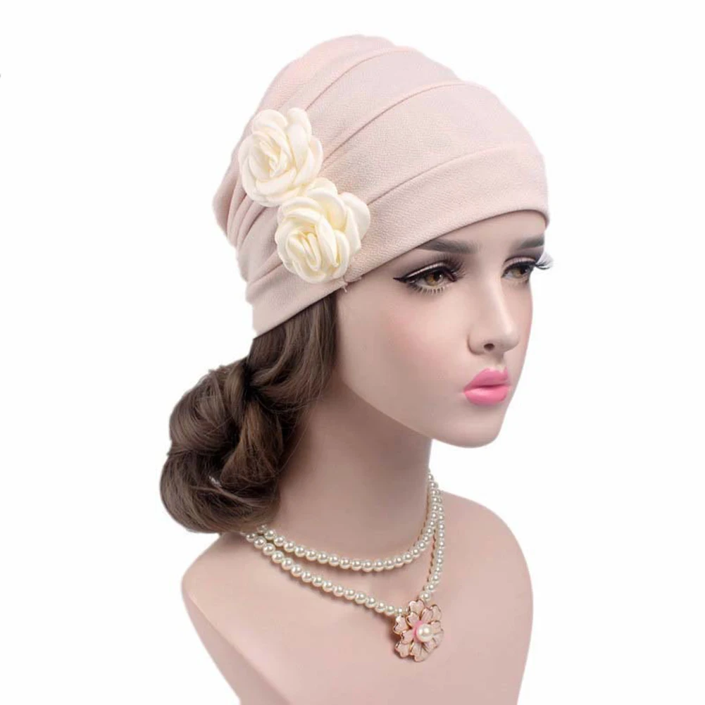 New 2018 Women's Elegant double 3D Flower beanie Pleated sleep cap