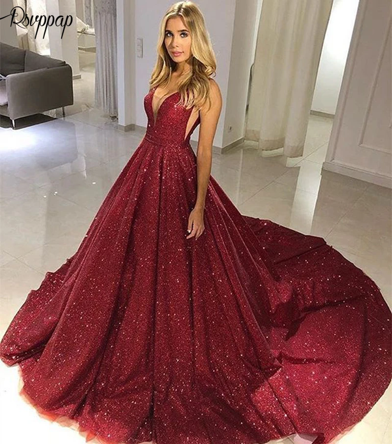 

Long Glitter Arabic Style Evening Dresses 2019 Ball Gown V-neck Dubai Women Burgundy Sequin Formal Evening Gowns robe de soiree