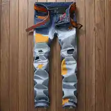 #1527 Patchwork Mens biker jeans Distressed Motorcycle pants Ripped jeans for men Skinny jeans homme Jogger jeans masculino