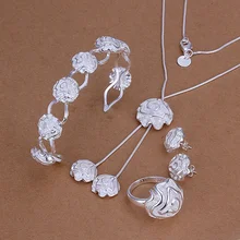 Silver plated fashion noble elegant Bangle necklace earring ring luxury gorgeous roses sets classic wedding jewelry S246