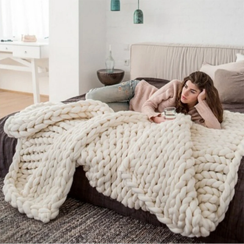 

Winter Solid Color Hand Chunky Knitted Blankets Thick Yarn Merino Bulky Knitting Throw Blankets