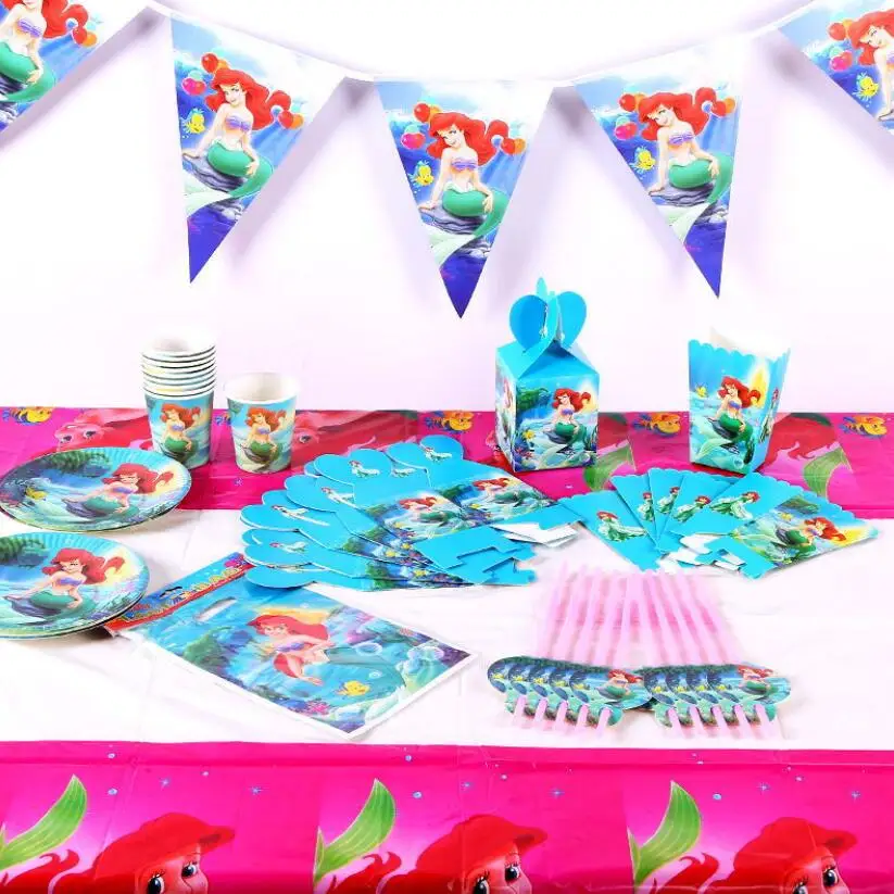 

Mermaid Theme Cartoon Party Set Tableware Plate Napkins Banner Birthday Candy Box child Shower Party Decoration