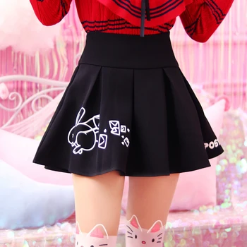 

Women High Waist Skirts Japan Cute Sweet Cartoon Rabbit Darkness Girl Black Soft sister Female Lady Casual A-line Pleated Skirt