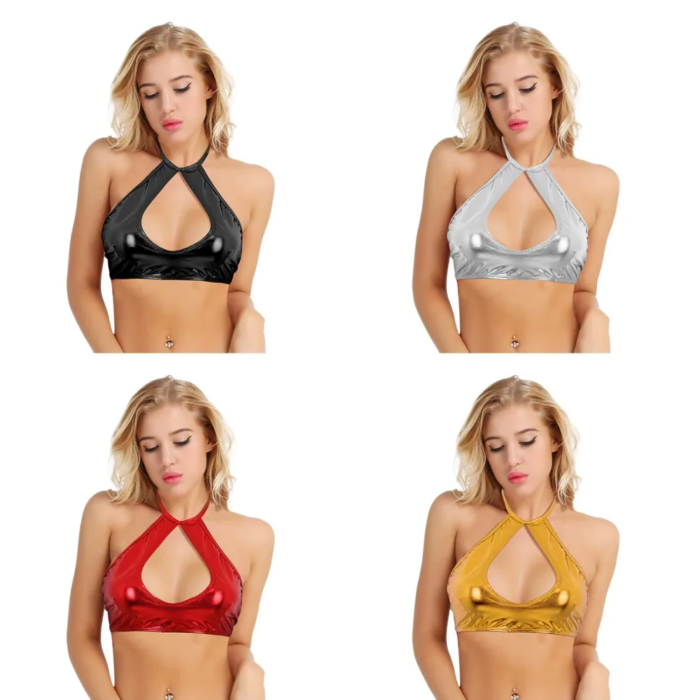 

Sexy Women Girls Shiny Bikini Top Push Up Bra Metallic Swimwear Beachwear Halter Strappy Tempting Crop Tops Bralette Underwear