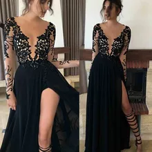 Великолепное новое черное вечернее платье с круглым вырезом и длинными рукавами А-силуэта, кружевное шифоновое платье в пол, платья для выпускного вечера, Robe de soriee