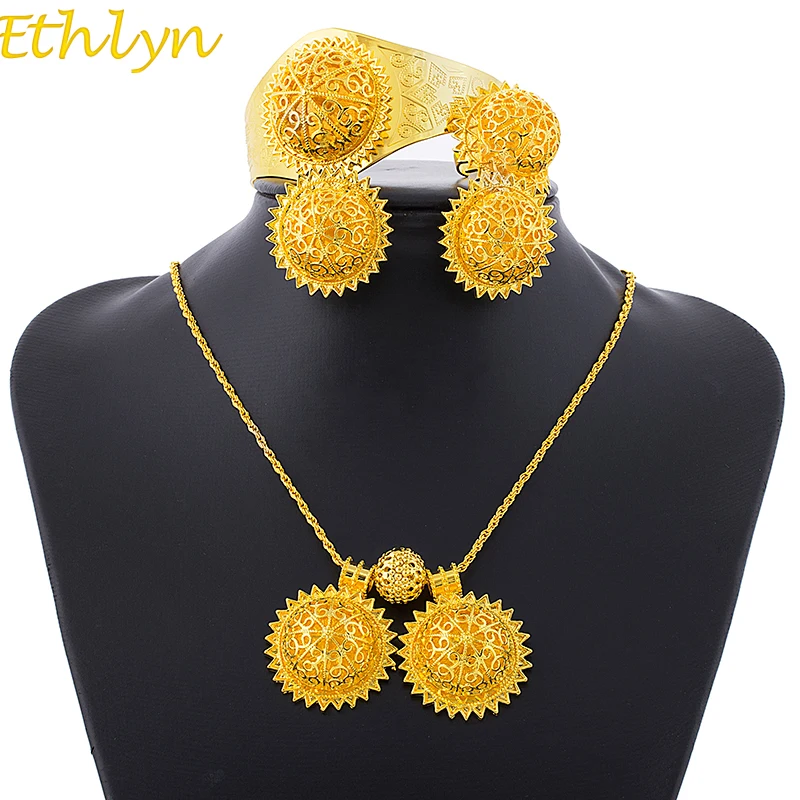 

Ethlyn Ethiopian Easter Jewelry Sets Necklace/Earrings/Ring/Bangle Gold Color Eritrea Sudan Women Bridal Jewelry Sets S186