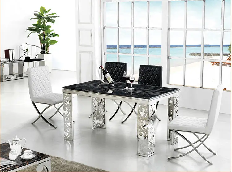 Набор для столовой из нержавеющей стали, мебель для дома, минималистичный современный мраморный обеденный стол и 6 стульев, обеденный стол