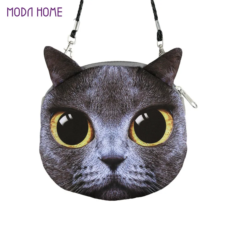  New Fashion Women Cute Shoulder Bag Cat Face Pouch Bag Cartoon Print Zipper Closure Messenger Bag Coin Purse Clutch Bag 