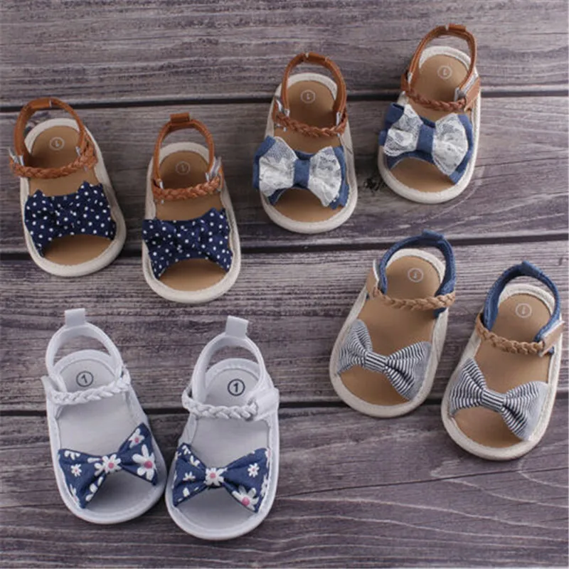 

Summer Baby Girl Bowknot Floral Printed Shoes Crochet Bandage Sandals Anti-Slip Crib Shoes Soft Sole Prewalkers First Walkers