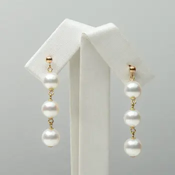 

7-7.5mm Round White Real Akoya Pearl Triple Drop Earrings 18k Solid Yellow Gold