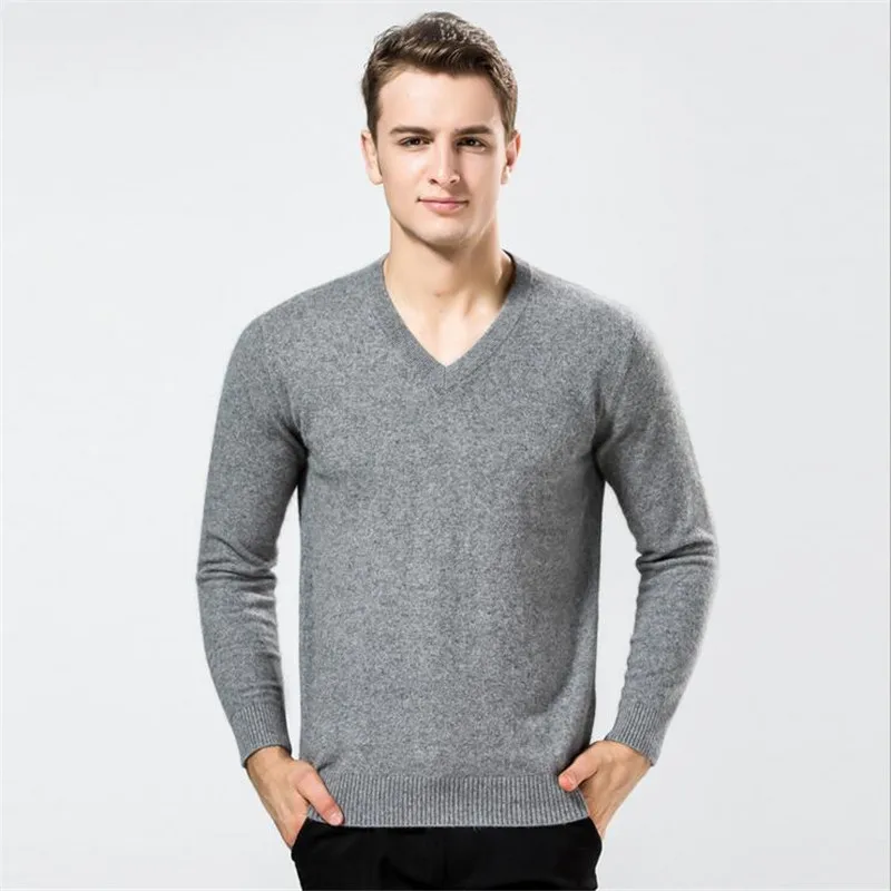 Осень-зима настоящие норковые кашемировые свитера мужские кашемировые пуловеры с v-образным вырезом для мужчин теплый плотный кашемир свитер - Цвет: Серый