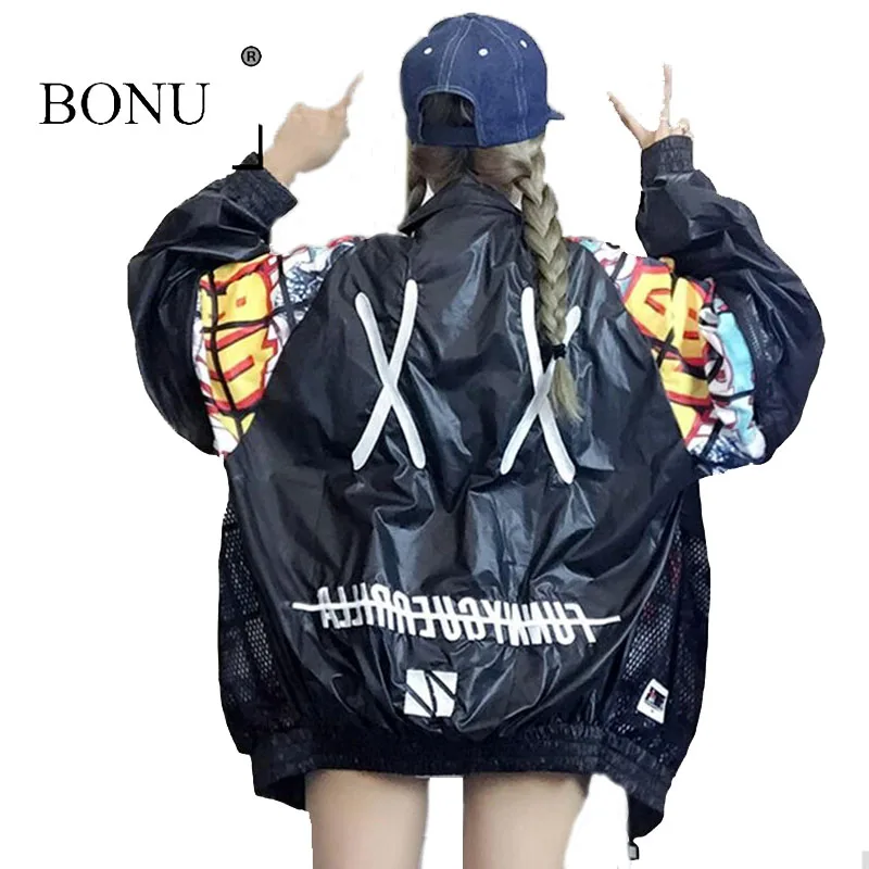 

BONU New Hollow Out Back Embroidery Bomber Jacket Unisex Style Loosen Jacket Student Harajuku Oversize Female Basic Coats