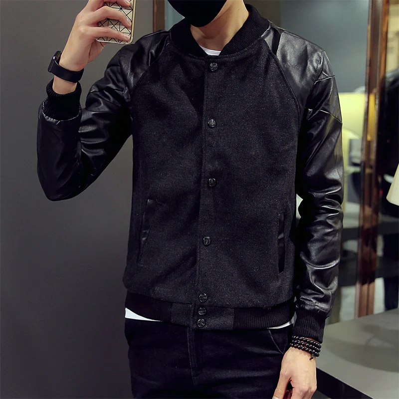 2018 Men PU Leather Sleeve Jacket Black Khaki Stand Collar Slim Fit Baseball Jackets 2018 Men PU Leather Sleeve Jacket Black Khaki Stand Collar Slim Fit Baseball Jackets