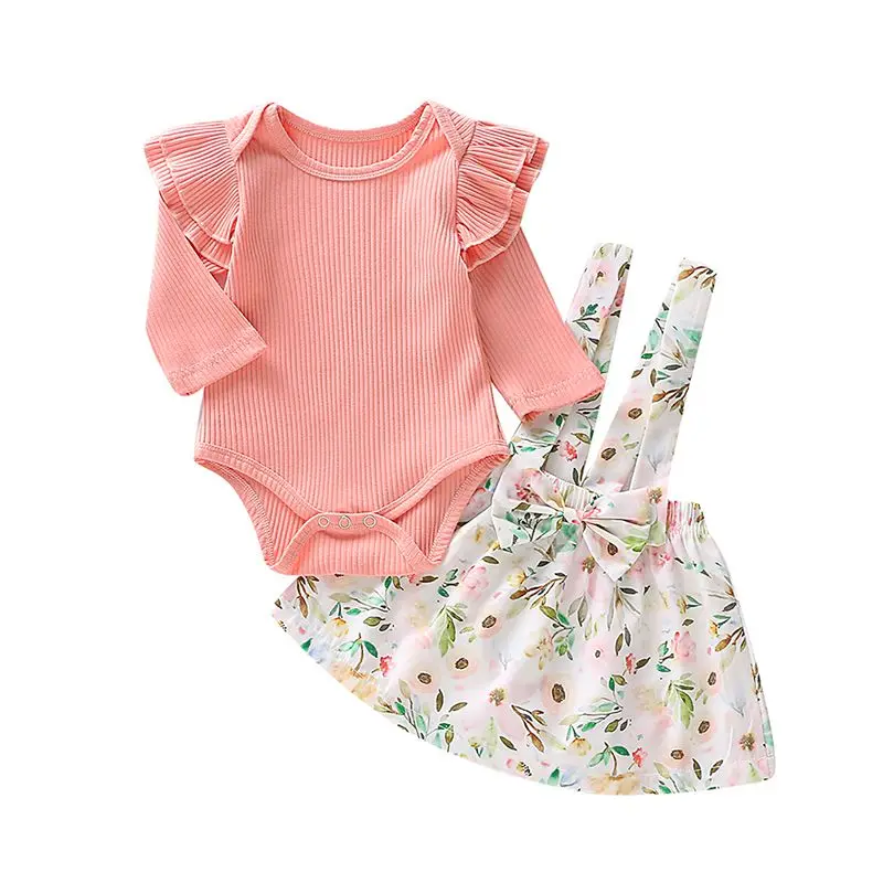 

2Pcs Infant Baby Girls Solid Color Long Sleeve Rompers Jumpsuit + Floral Print Skirts Girl Princess Clothing Outfits Set Suit