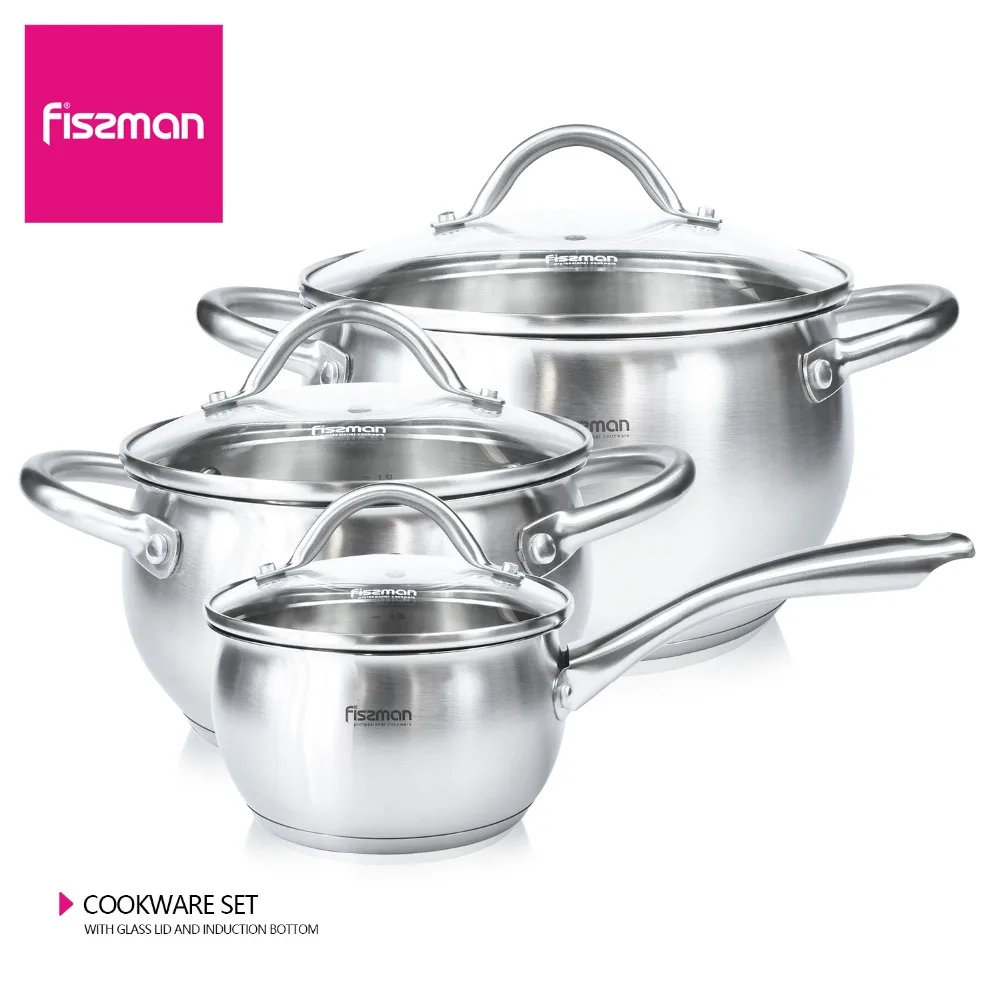 

FISSMAN 6Pcs 3 pan kitchen Cookware Set induction Stainless Steel,with Glass Lid Saucepan set 1.2L Saucepan 2L 3.7L Casserole