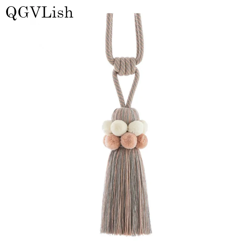 

QGVLish 2Pcs Pompon Curtain Tiebacks Brush Tassels Fringe Hanging Belts Balls Bind Ropes Straps Curtain Accessories Tie back