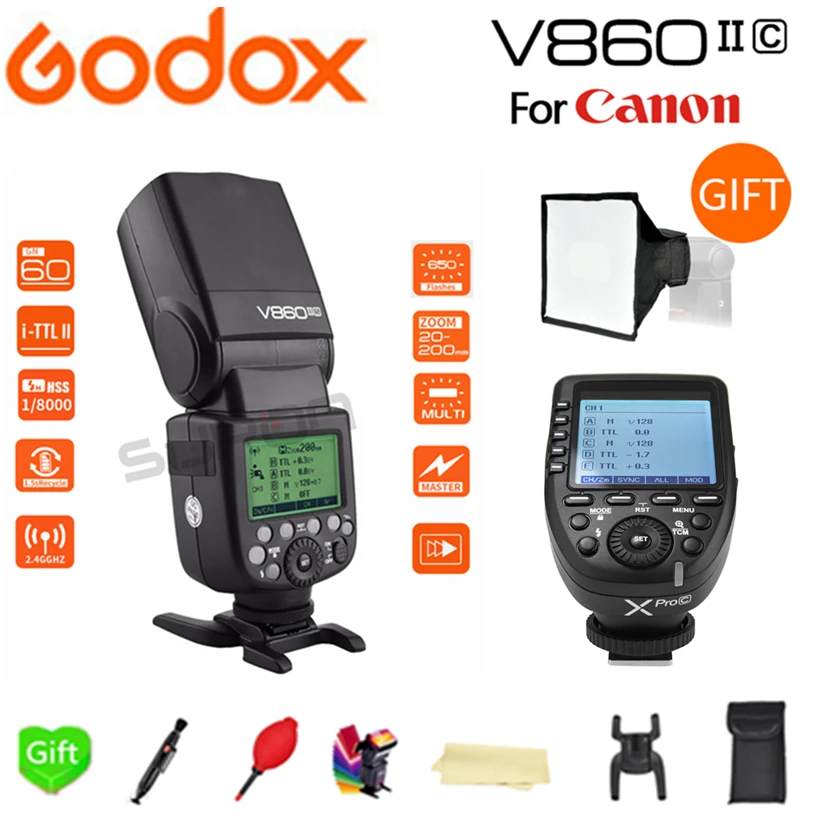 

Godox V860II-C V860IIC Speedlite GN60 HSS 1/8000s TTL Flash Light +Xpro-C Wireless Flash Trigger Transmitter for Canon